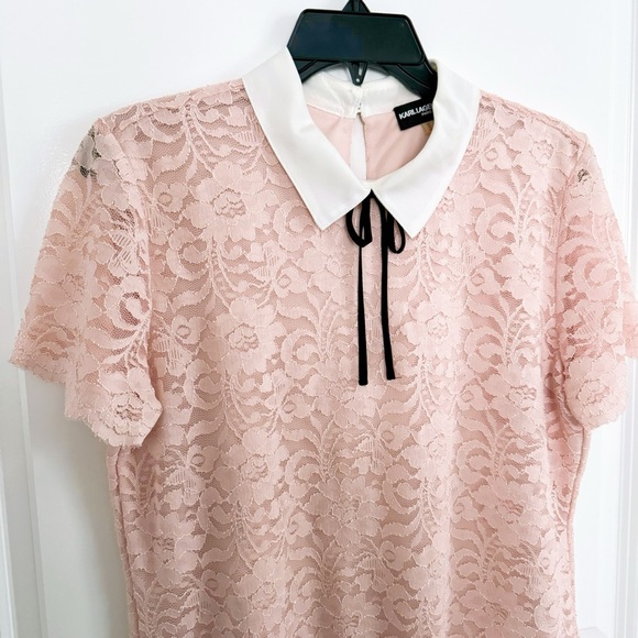 KARL LAGERFELD Pink Lace Short sleeve Top with Ribbon - Picture 3 of 4